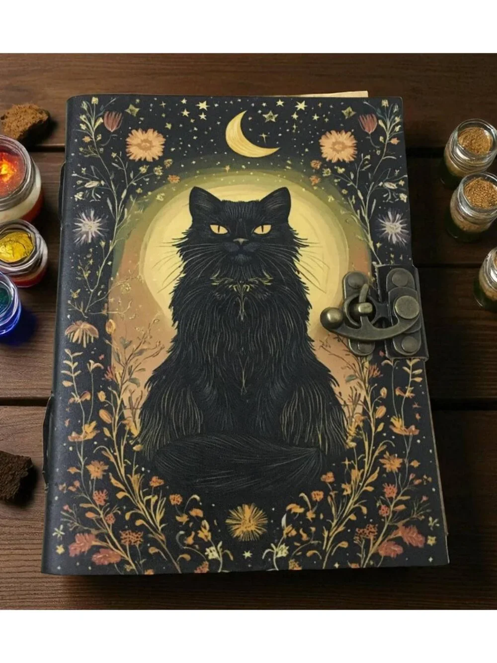 Black Cat & Crescent Moon Leather Journal